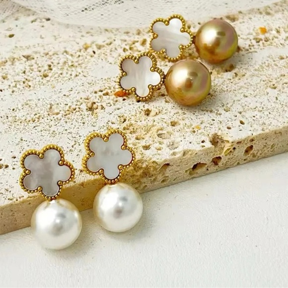 Alhambra Mother Of Pearl Clover 18K Gold Stainless Steel Waterproof Earrings - Picture 3 of 5
